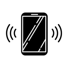 Ringing smartphone glyph icon. Mobile voice control. Sound command. Loud volume, audio frequency. Phone call, vibro signal. Silhouette symbol. Negative space. Vector isolated illustration