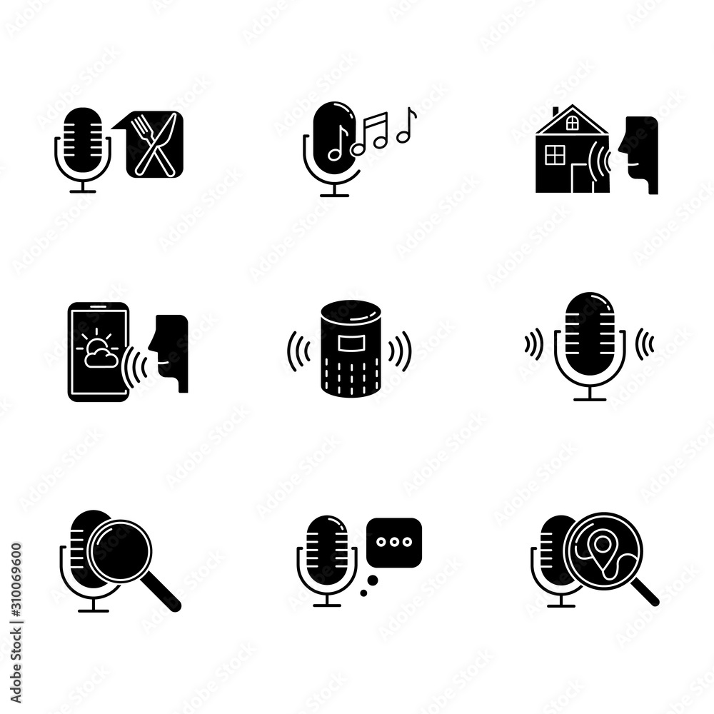 Poster voice control system glyph icons set. sound requests idea. music recognition, sound record. virtual 