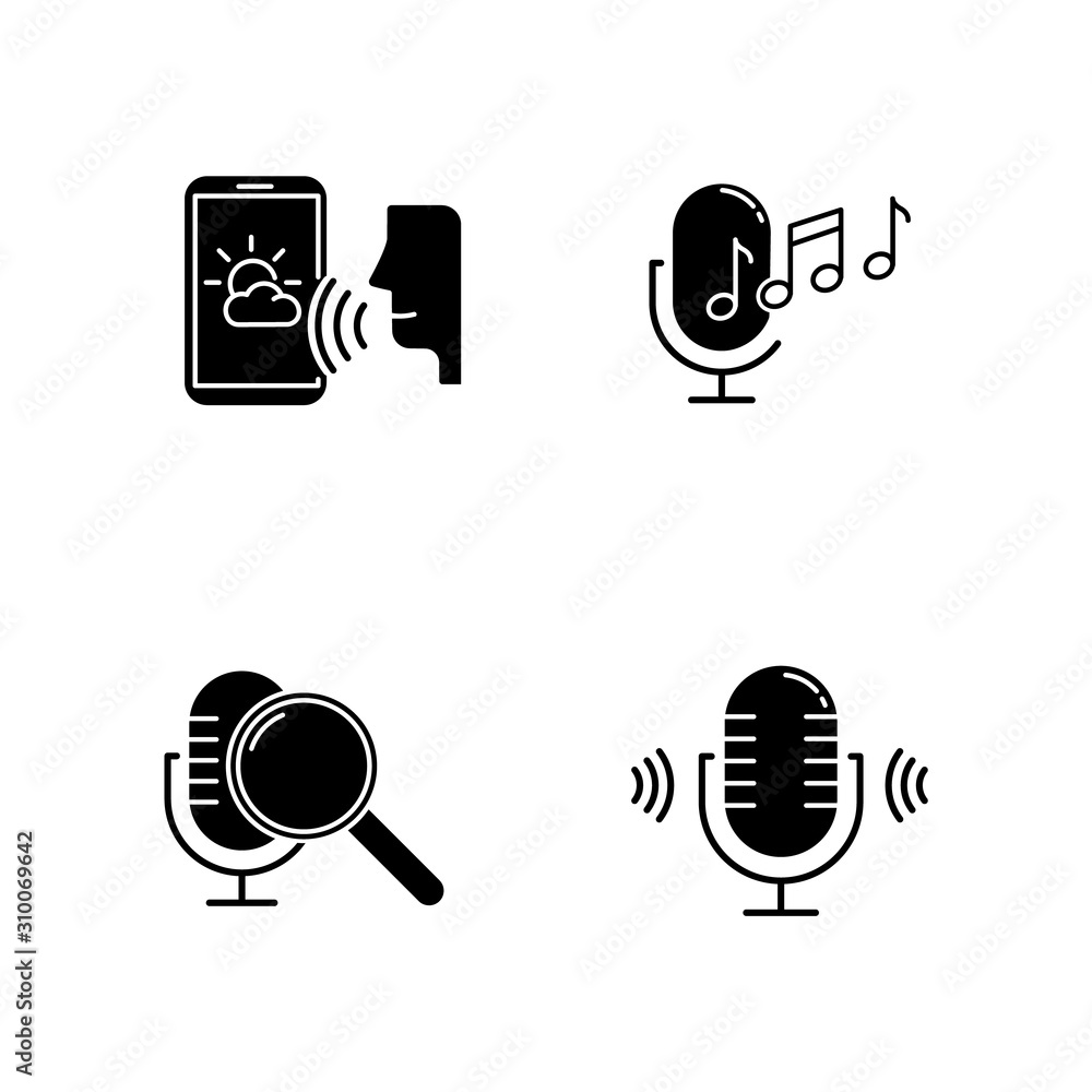 Poster sound request glyph icons set. voice control system. speech recognition technology. voice controlled
