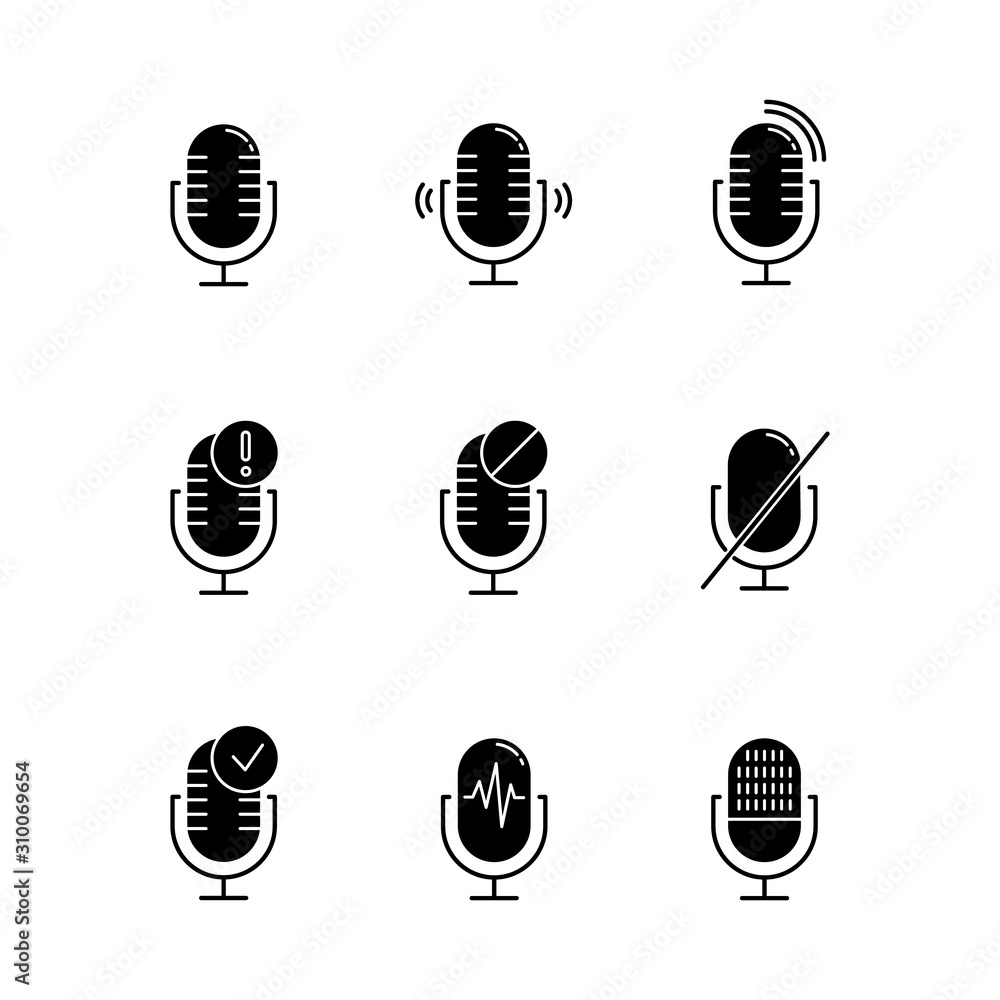 Poster microphone connection problem glyph icons set. sound recorders idea. connected mics. different voice