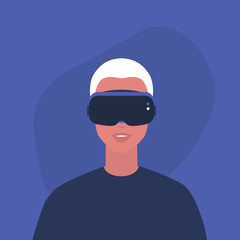 Young male character wearing a virtual reality headset, Millennial gadgets and lifestyle