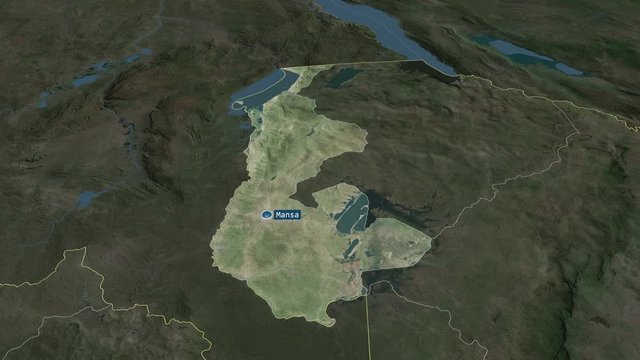 Luapula - province of Zambia with its capital zoomed on the satellite map of the globe. Animation 3D