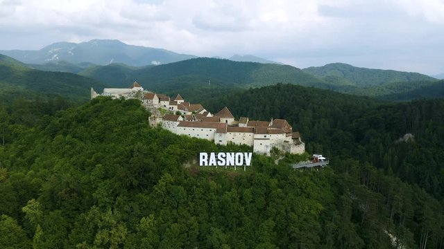 4K Lowering Drone Flyng Rasnov Romania Citadel