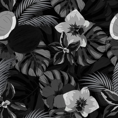seamless pattern with tropical ornament, coconuts, palm leaves and orchids in monochrome colors