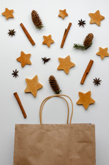 Recycle shopping brown bag with items on white background
