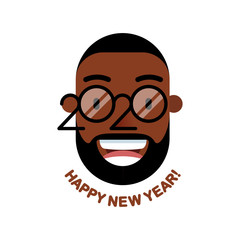 Cheerful smiling bearded African man with glasses - a symbol of the upcoming 2020. Happy new year!