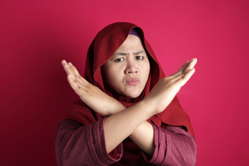 Angry Muslim Woman Shows Stop Sign Crossed Arms gesture