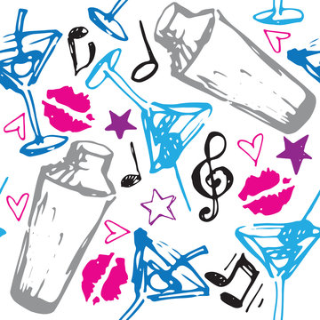 Vector illustration of cocktail shaker and martini glasses pattern in blue, pink and black ink