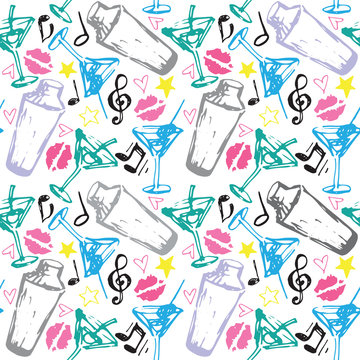 Vector illustration of cocktail shaker and martini glasses pattern in blue, pink and black ink