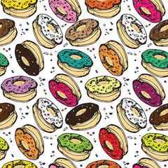 Vector illustration of donut pattern set with chocolate, strawberry, vanilla, pistachio, orange and cheery flavour