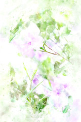 Abstract painting of purple flowers with green leaves, art illustration
