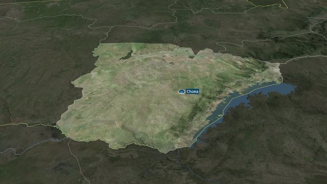 Southern - province of Zambia with its capital zoomed on the satellite map of the globe. Animation 3D