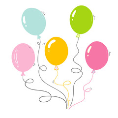 Bunch of balloons in cartoon hand drawn doodle cartoon style isolated on white background. Vector set