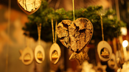 Christmas Market at Southbank Centre Winter Market with wooden Christmas ornaments in London, United Kingdom. - obrazy, fototapety, plakaty