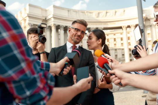 I reccomend you... Journalists conducting interview of politician. Journalism industry, live streaming concept.