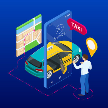 Taxi service. Mobile phone with taxi app on city background. Online mobile taxi order service app. Isometric taxi yellow cab and GPS route point pins on smartphone and touchscreen