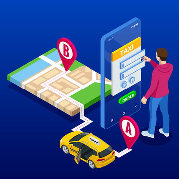Taxi service. Mobile phone with taxi app on city background. Online mobile taxi order service app. Isometric taxi yellow cab and GPS route point pins on smartphone and touchscreen