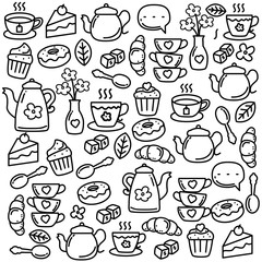 Set of tea time doodle vector illustration with cute design. Tea time doodle background 