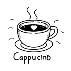 A cup of cappuccino vector illustration with hand drawn style isolated on white background. Cappuccino doodle vector