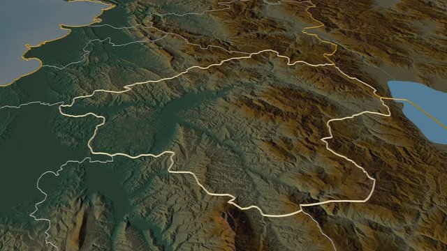 Elbasan, county with its capital, zoomed and extruded on the relief map of Albania in the conformal Stereographic projection. Animation 3D