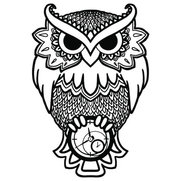 Vector illustration. Coloring page for children and adults. Owl with a clock in its paws. Relaxing coloring book for adults. Occult illustration. Original print for halloween stuff.