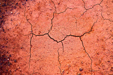 Cracked dry red soil, challenges of climate change and climate crisis.