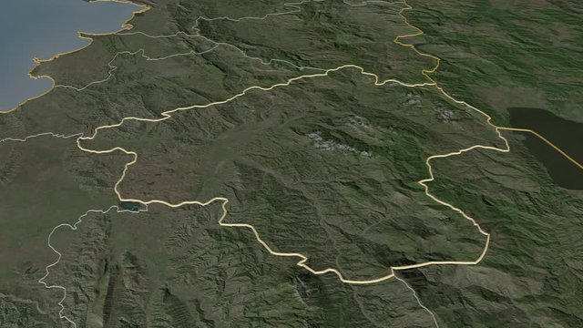 Elbasan, county with its capital, zoomed and extruded on the satellite map of Albania in the conformal Stereographic projection. Animation 3D