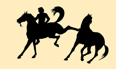  isolated black silhouettes of two galloping horses and a rider on beige background