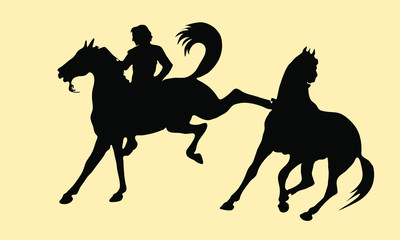 vector isolated black silhouettes of two galloping horses and a rider on beige background
