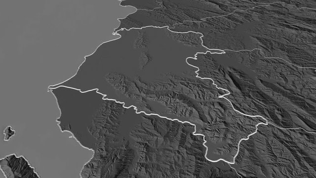 Fier, county with its capital, zoomed and extruded on the bilevel map of Albania in the conformal Stereographic projection. Animation 3D