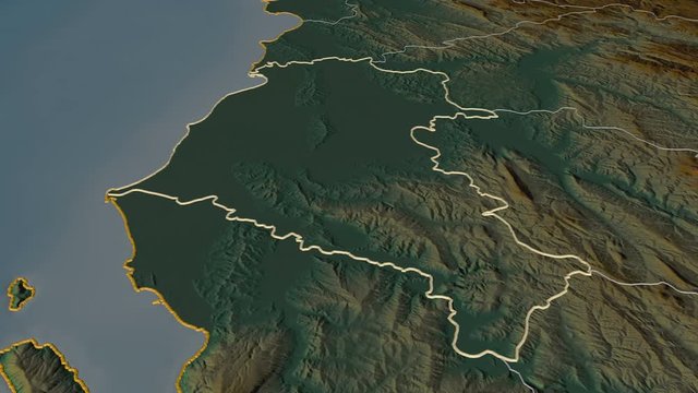Fier, county with its capital, zoomed and extruded on the relief map of Albania in the conformal Stereographic projection. Animation 3D