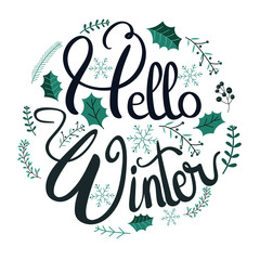 Hello Winter text decorative with snowflakes and leaves. Decoration for cards, poster, banners and more. 