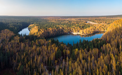 Warm lakes on the Snezhnaya (Snowy) River, view fron above of the Emerald and Warm Lakes