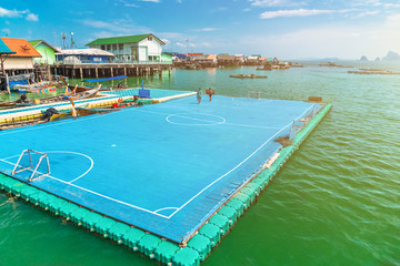 Landscape of floating football stadium, Panyi island, Phang Nga bay, near Phuket, Travel popular place in Thailand, Beautiful destination landscape Asia, Summer holiday outdoor vacation trip