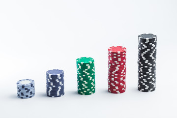 Poker chips on a white background different stacks of isolate