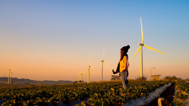 One Woman Stands In The Middle Of A Wide Field Have Large Wind Turbines, Which Is An Industry That Produces Electricity From Clean Energy.