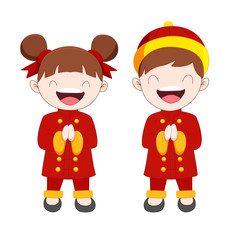 Cute cartoon boy and girl in Chinese costume