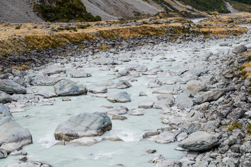 The icy water of the River and the stony coast  Canyon. The wild river stream has been working on stones for many years.Forest river landscape. A scene of wild river water flowing in the forest. Views