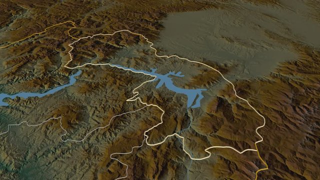 Kuk&euml;s, county with its capital, zoomed and extruded on the relief map of Albania in the conformal Stereographic projection. Animation 3D