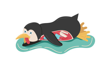 concept of environmental, sea, ocean pollution with plastic waste, bottle, garbage, trash or rubbish in animal stomach, marine life, dead penguin. cartoon vector flat illustration.