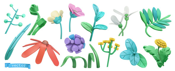 Spring grass and flowers. Cartoon. 3d vector icon set