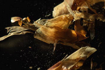 Close up bonito flakes with high contrast light and black background