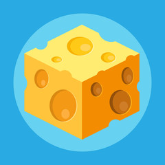 Cube of cheese isolated on a blue background.