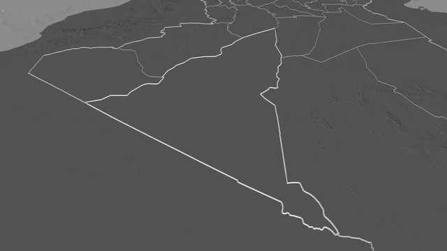 Adrar, province with its capital, zoomed and extruded on the bilevel map of Algeria in the conformal Stereographic projection. Animation 3D