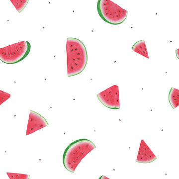 Seamless pattern with watermelon slices on white background. Vector illustration