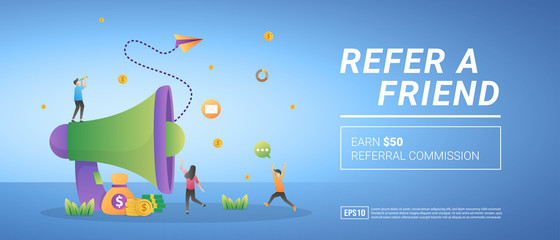 Refer a friend concept. Earn referral commission, refer a customer. Reward and marketing programs. Suitable for web landing page, marketing, advertising, promotion, banner. Vector illustration