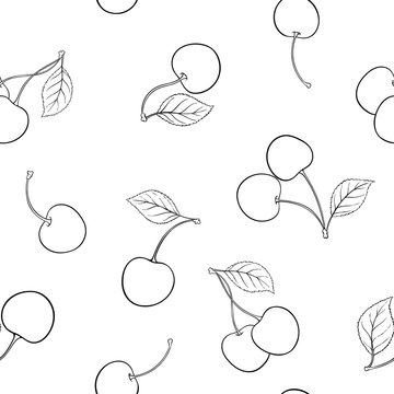 Beautiful seamless pattern cartoon black and white outline cherry, symbol of summer. design for holiday greeting card and invitation of seasonal summer holidays, beach parties, tourism and travel.
