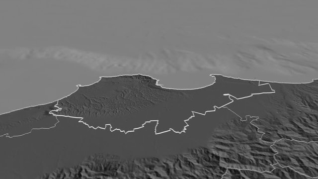 Alger, province with its capital, zoomed and extruded on the bilevel map of Algeria in the conformal Stereographic projection. Animation 3D