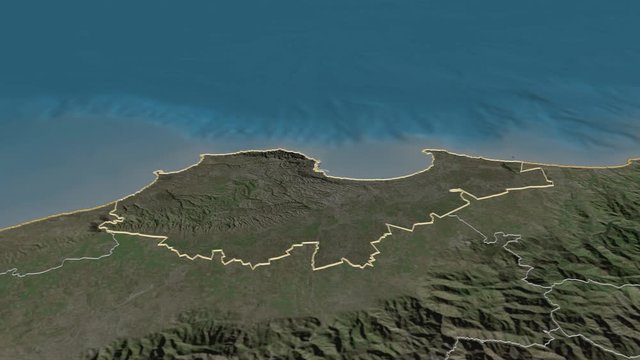 Alger, province with its capital, zoomed and extruded on the satellite map of Algeria in the conformal Stereographic projection. Animation 3D