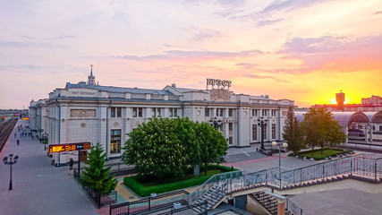 Naklejka premium sunset and train station Brest City of Belarus